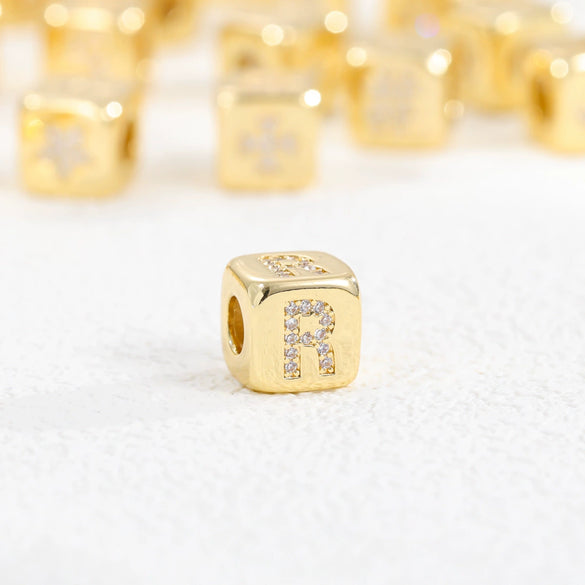 Copper Set Zircon Inlaid Dice Pendant Necklace With Letters Numbers Text Pattern And String Of Pearls Chain