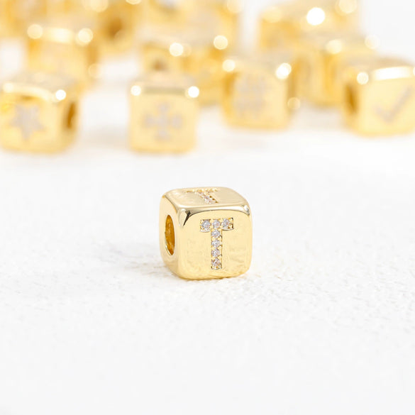 Copper Set Zircon Inlaid Dice Pendant Necklace With Letters Numbers Text Pattern And String Of Pearls Chain