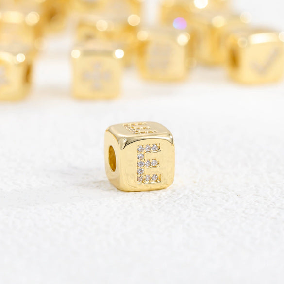 Copper Set Zircon Inlaid Dice Pendant Necklace With Letters Numbers Text Pattern And String Of Pearls Chain