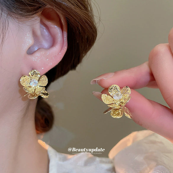 Copper Silver Needle Zircon Flower Earrings Retro Light Luxury Exquisite Elegant Design Sense Niche