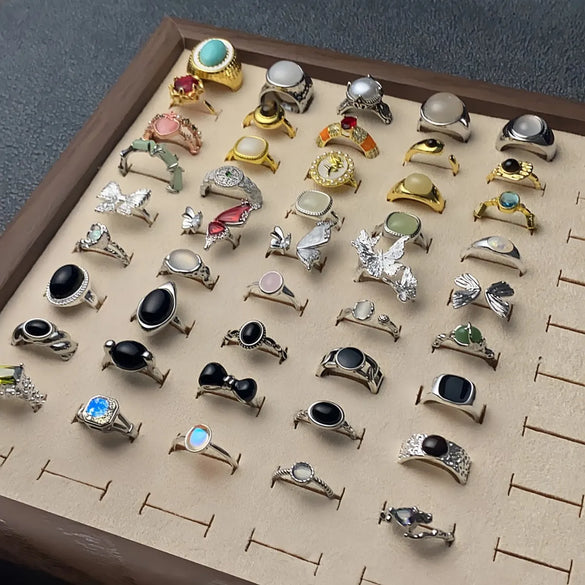 Copper Silver Plated Inlay Round Natural Stone Gem Rings