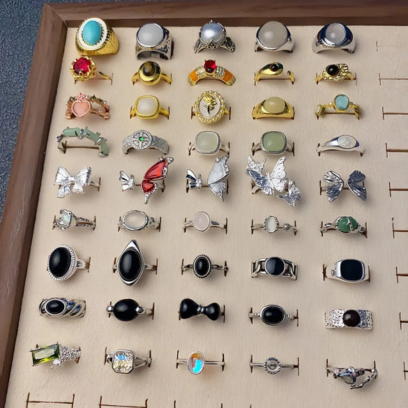 Copper Silver Plated Inlay Round Natural Stone Gem Rings