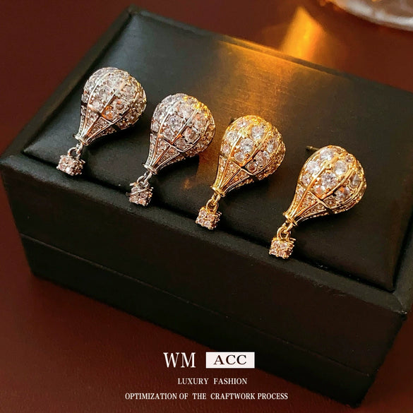 Copper Silver Zircon Geometric Hot Air Balloon Women's Earrings Highend Niche Fashion