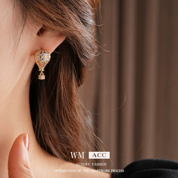 Copper Silver Zircon Geometric Hot Air Balloon Women's Earrings Highend Niche Fashion