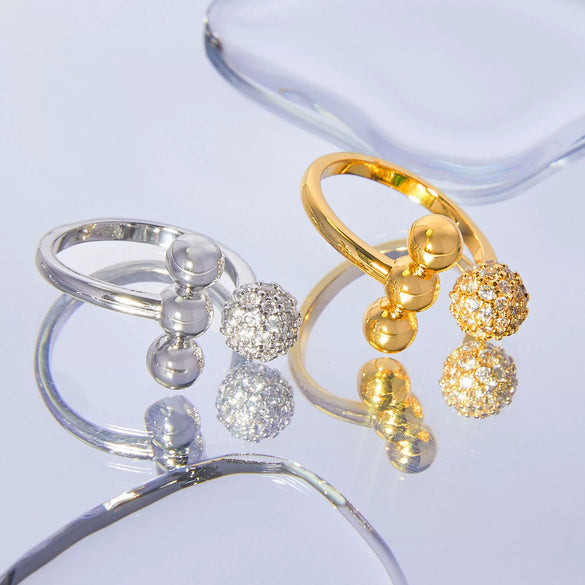 Copper Spherical Diamond Open Ring With Geometric Design And Electroplating