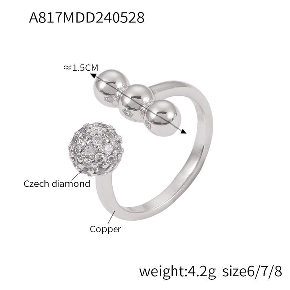 Copper Spherical Diamond Open Ring With Geometric Design And Electroplating