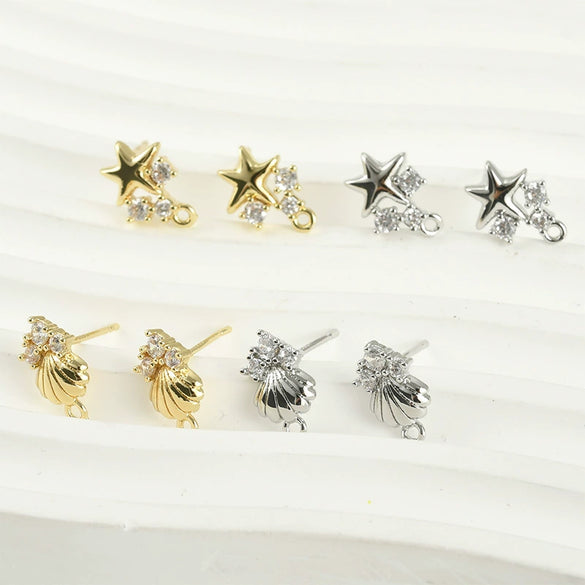 Copper Starfish Shell Earrings Jewelry Accessories Materials With 14K Gold Color Plated And Inlaid Zircon Electroplating