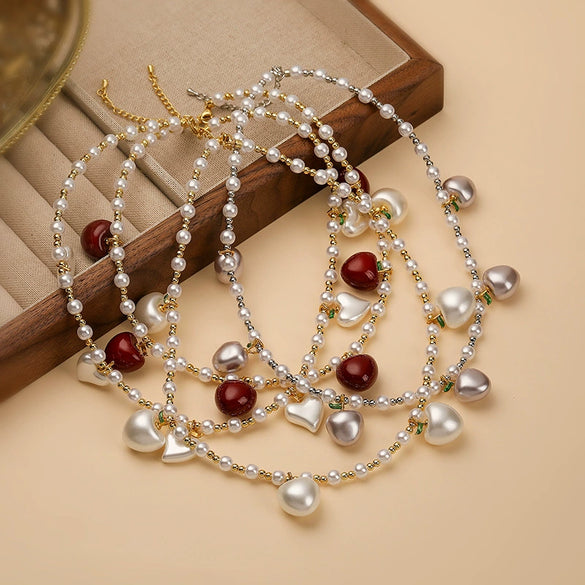 Copper String Of Pearls Love Fruit Geometric Heart Shape Pendant Women's Fashion Necklace