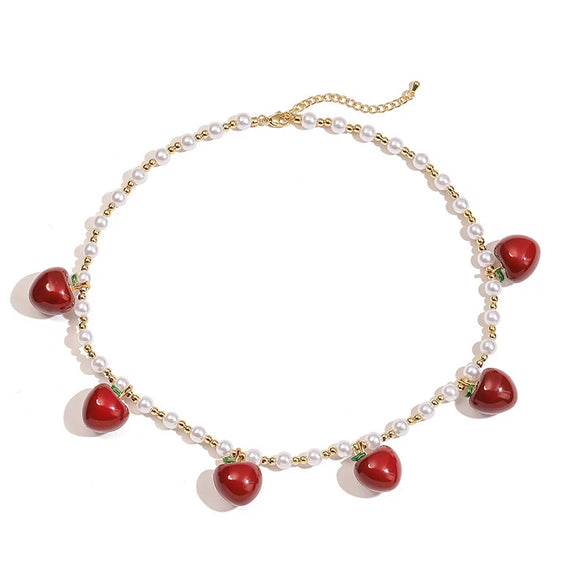 Copper String Of Pearls Love Fruit Geometric Heart Shape Pendant Women's Fashion Necklace