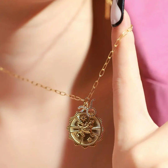 Copper Twelve Constellation Rune New Moon Opal Pendant Necklace With Paper Clip Chain Electroplated For Women