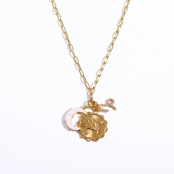 Copper Twelve Constellation Rune New Moon Opal Pendant Necklace With Paper Clip Chain Electroplated For Women