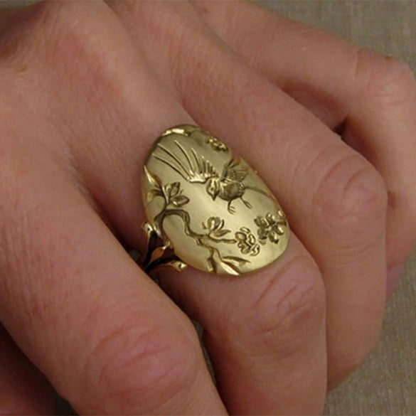 Copper Unisex Couple Ring With Birds Flower Fragrance And Carved Floating Pattern