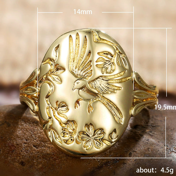 Copper Unisex Couple Ring With Birds Flower Fragrance And Carved Floating Pattern
