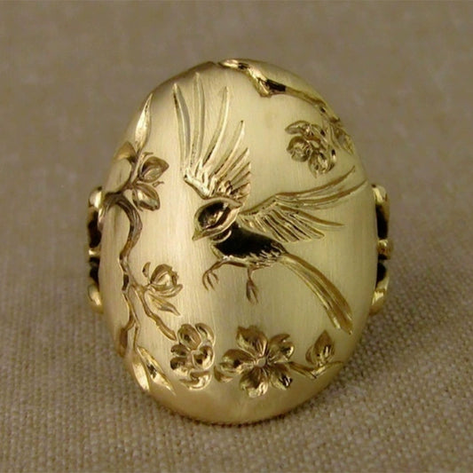 Copper Unisex Couple Ring With Birds Flower Fragrance And Carved Floating Pattern