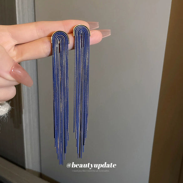 Copper Ushaped Chain Long Tassel Earrings With Geometric Pattern And Painting Treatment For Women