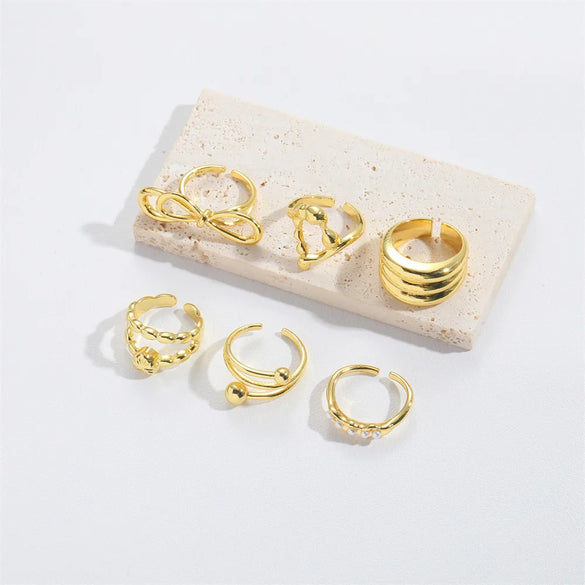 Copper Vintage Style Simple Style Commute Inlay Geometric Round Bow Knot Artificial Pearls Open Rings