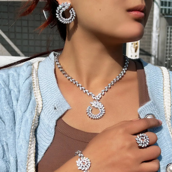 Copper White Gold Plated IG Style Shiny Inlay Grain Artificial Gemstones Jewelry Set