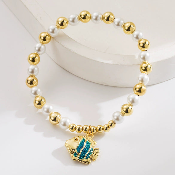 Copper Women's Bracelet With Animal Zodiac Beaded Fish Pendant And Electroplating