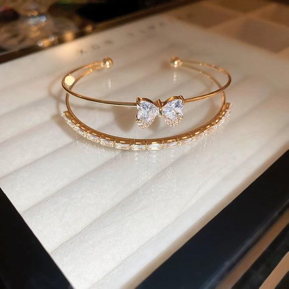Copper Zircon Bow Love Double Row Open Bracelet Light Luxury Fashion Allmatch Highend Bracelet