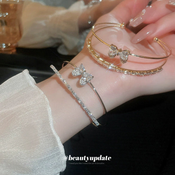 Copper Zircon Bow Love Double Row Open Bracelet Light Luxury Fashion Allmatch Highend Bracelet
