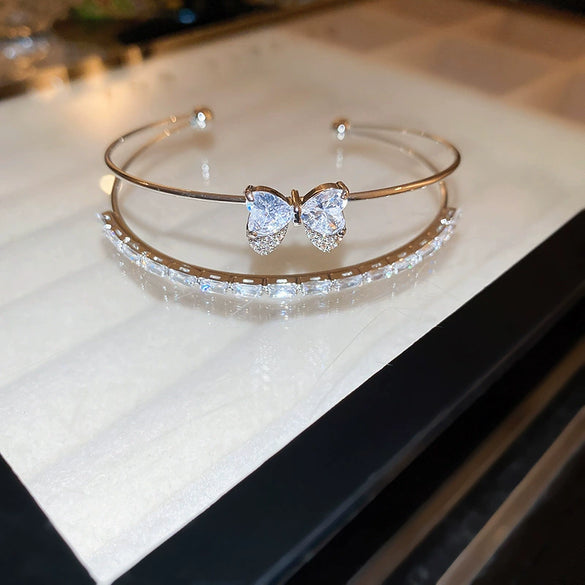 Copper Zircon Bow Love Double Row Open Bracelet Light Luxury Fashion Allmatch Highend Bracelet