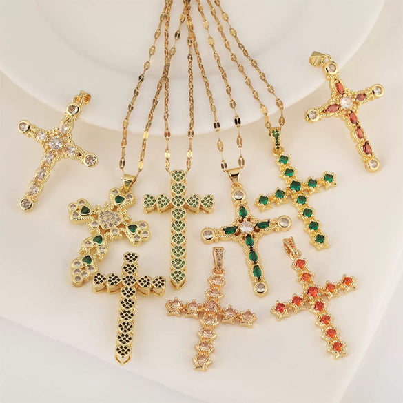 Copper Zircon Cross Pendant Lip Chain Fashion Jewelry For Women Geometric Style