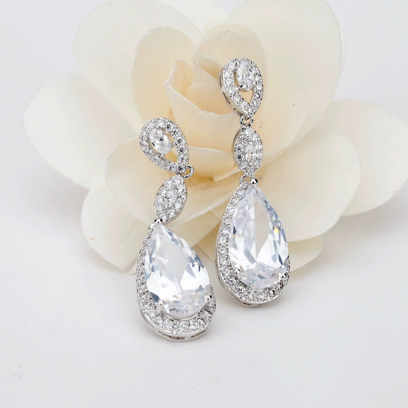 Copper Zircon Drop Earrings With Electroplated Finish For Bridal Wedding And Party Wear