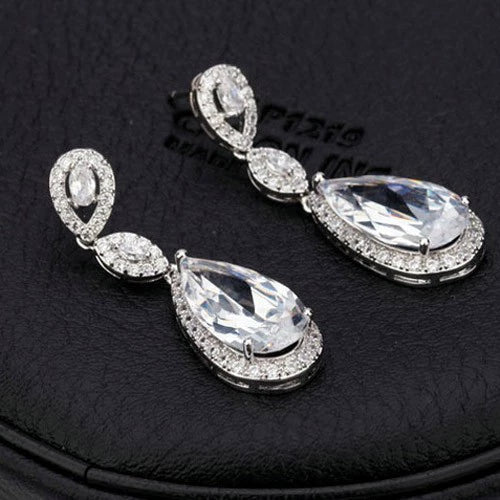 Copper Zircon Drop Earrings With Electroplated Finish For Bridal Wedding And Party Wear
