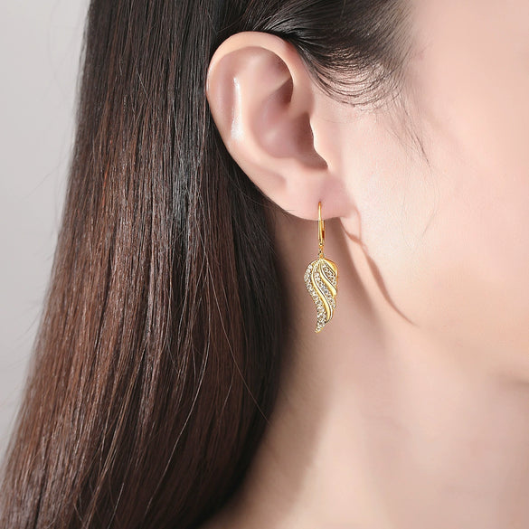Copper Zircon Feather And Angel Wing Ear Hook Earrings With Geometric Design And Electroplated Finish For Women