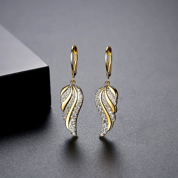 Copper Zircon Feather And Angel Wing Ear Hook Earrings With Geometric Design And Electroplated Finish For Women