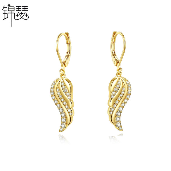 Copper Zircon Feather And Angel Wing Ear Hook Earrings With Geometric Design And Electroplated Finish For Women