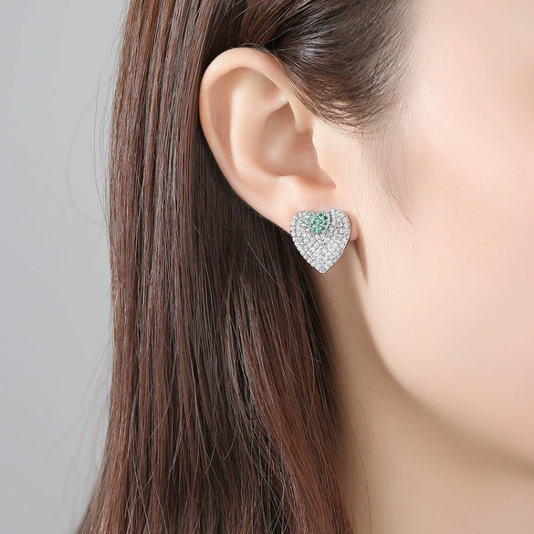 Copper Zircon Heart Shaped Double Love Stud Earrings Full Diamond Inlay Two Way Fashion Ear Jewelry For Women