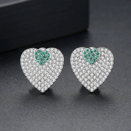 Copper Zircon Heart Shaped Double Love Stud Earrings Full Diamond Inlay Two Way Fashion Ear Jewelry For Women