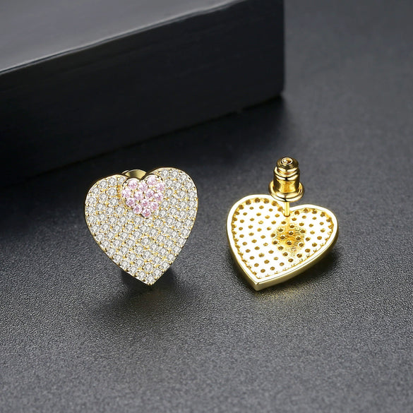 Copper Zircon Heart Shaped Double Love Stud Earrings Full Diamond Inlay Two Way Fashion Ear Jewelry For Women