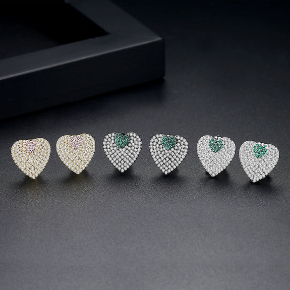Copper Zircon Heart Shaped Double Love Stud Earrings Full Diamond Inlay Two Way Fashion Ear Jewelry For Women