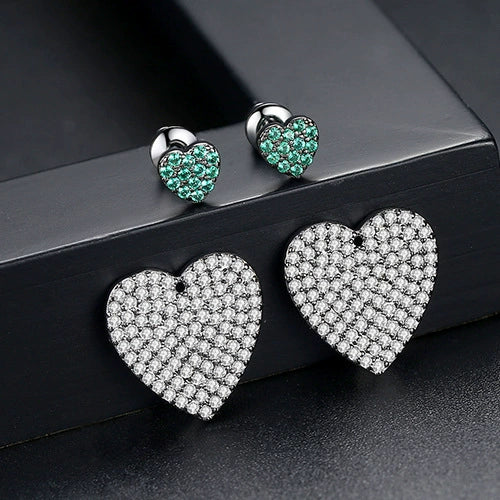 Copper Zircon Heart Shaped Double Love Stud Earrings Full Diamond Inlay Two Way Fashion Ear Jewelry For Women