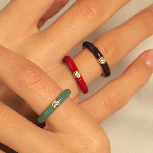 Copper Zircon Inlaid Ring With Epoxy Enamel And Geometric Design Electroplated For Unisex