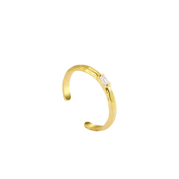 Copper Zircon Ring Women's Vintage Hammered Geometric Real Gold Electroplated Fashion Opening Adjustable Jewelry