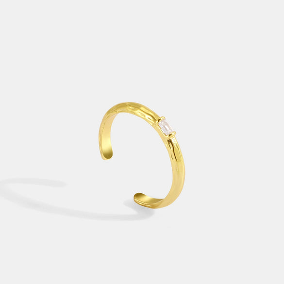 Copper Zircon Ring Women's Vintage Hammered Geometric Real Gold Electroplated Fashion Opening Adjustable Jewelry
