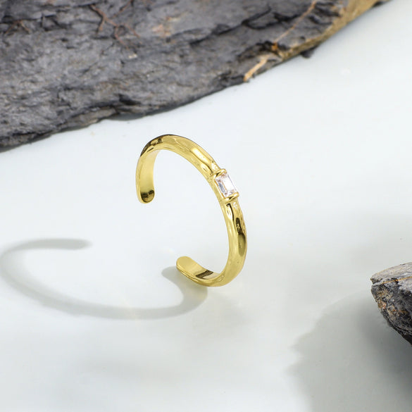 Copper Zircon Ring Women's Vintage Hammered Geometric Real Gold Electroplated Fashion Opening Adjustable Jewelry