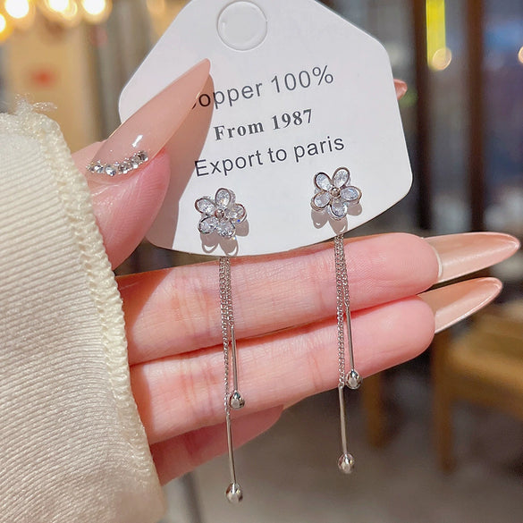 Copper Zirconia Flower Tassel Earrings