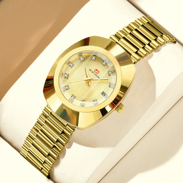 Couple Business Style Quartz Watch Alloy Case Stainless Steel Band Oval Dial Waterproof
