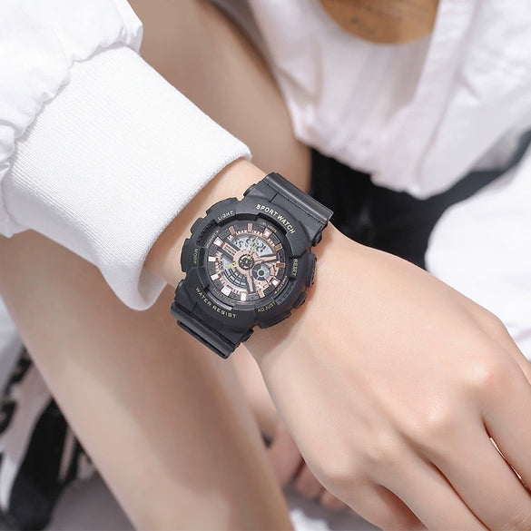 Couple Electronic Watches Plastic Case Silicone Strap Stainless Steel Clasp Round Dial