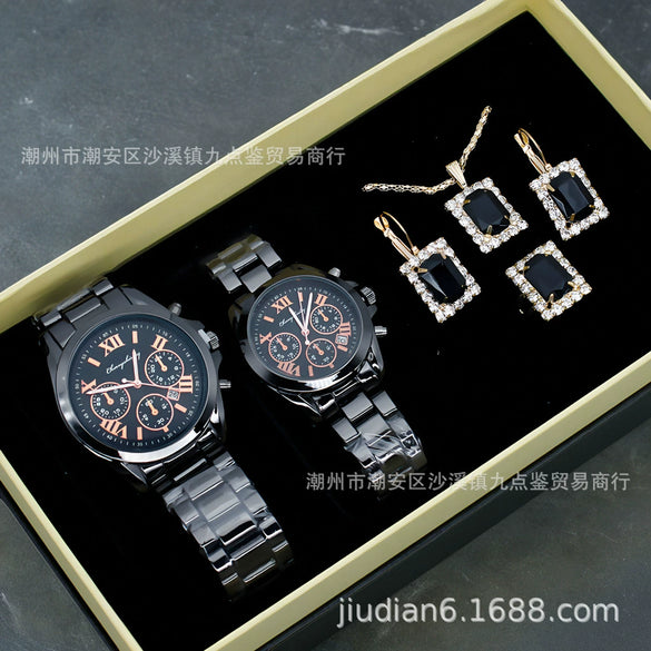 Couple Fashion Alloy Wristwatch Set With Round Dial And Printed Logo