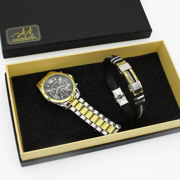 Couple Fashion Alloy Wristwatch Set With Round Dial And Printed Logo