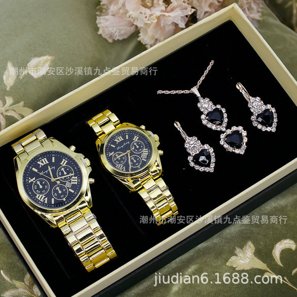 Couple Fashion Alloy Wristwatch Set With Round Dial And Printed Logo