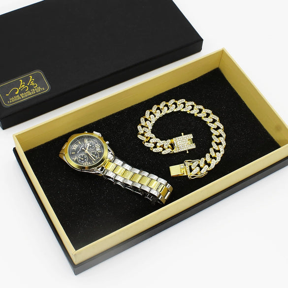 Couple Fashion Alloy Wristwatch Set With Round Dial And Printed Logo