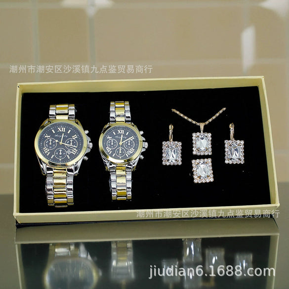 Couple Fashion Alloy Wristwatch Set With Round Dial And Printed Logo