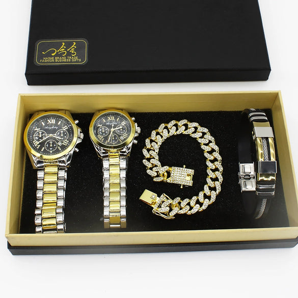Couple Fashion Alloy Wristwatch Set With Round Dial And Printed Logo