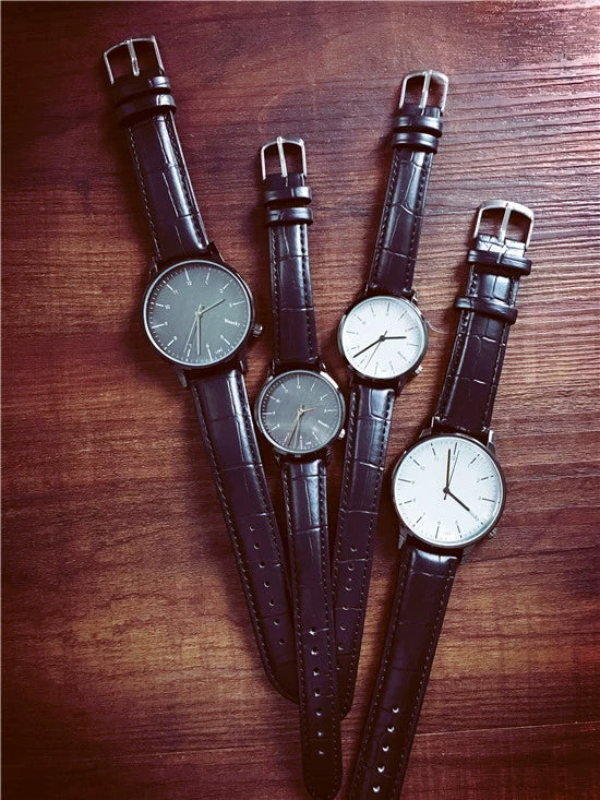 Couple Fashion Retro Belt Quartz Watch Metal Case Genuine Leather Strap Round Dial